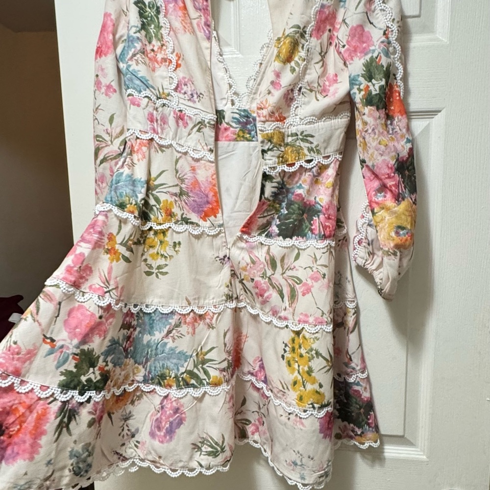 Chicwish Cream Floral Lace-Trim Mini Dress with Pink & Yellow Bouquet - Picture 8 of 8